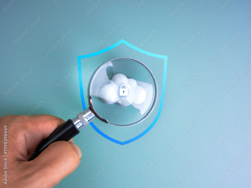 Poster cloud computing secure management technology, cybersecurity data system storage service concept. shi
