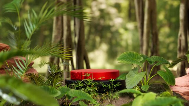 Garden Podium Stage for Product Display Surrounded by Lush Greenery, Decorative Grasses, and Plants in a Natural Outdoor Setting