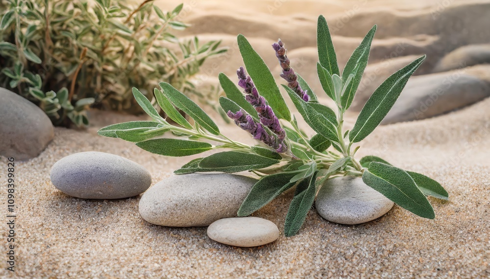 Poster natural harmony: sage twig and pebble rocks resting on soft sand, capturing a serene botanical atmos