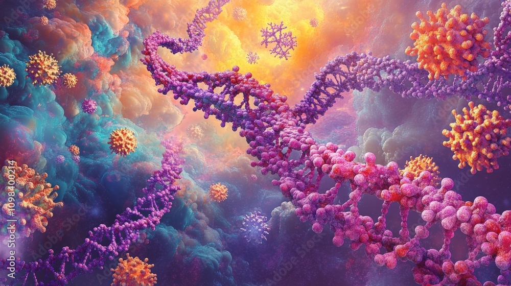 Poster abstract visualization of dna and viruses in a colorful, nebula-like environment