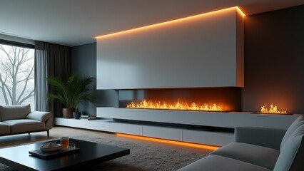Modern linear fireplace with soft lighting and sleek design in a minimalist interior