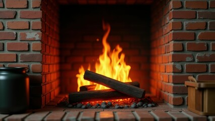 Obraz premium Traditional brick fireplace with burning logs and vibrant flames creating a nostalgic feel