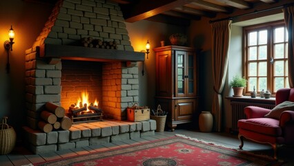 Rustic stone fireplace with glowing fire in a traditional cozy living room
