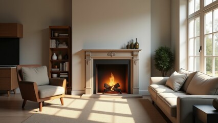 Elegant living room with a classic white fireplace and warm sunlight