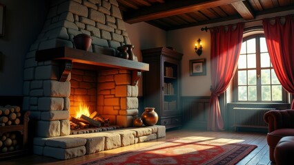 Rustic stone fireplace with glowing fire and warm ambient lighting in a cozy interior setting