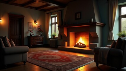Obraz premium Elegant living room with a glowing fireplace and wooden beams creating a cozy ambiance