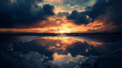 Fototapeta premium Dark, stormy clouds reflecting in a puddle.