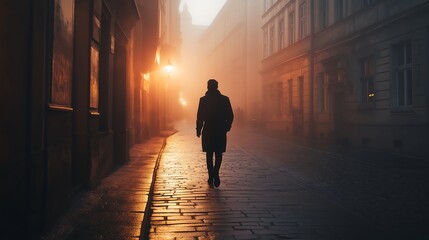 Fototapeta premium Silhouette of a person walking away down a foggy street.