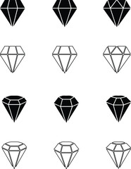 Set of diamonds line and flat icons style. Abstract black diamond collection icon. Gemstone in a linear minimal style. Vector