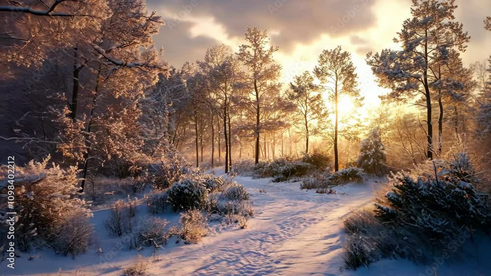 Poster snow-covered forest path illuminated by the soft glow of a winter sunrise, with frosty trees and a b