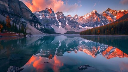 Amidst the calm of fall, Moraine Lake awakens to the soft light of sunrise, reflecting the towering peaks and fiery colors of the Canadian Rockies in its tranquil waters.