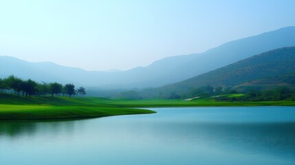Obraz premium Serene landscape with lake and mountains under soft light.
