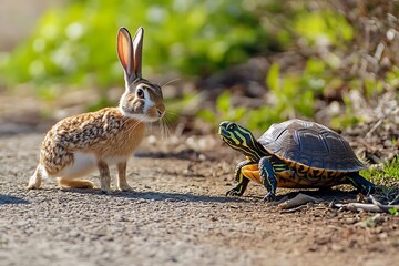  hare and turtle in the  garden