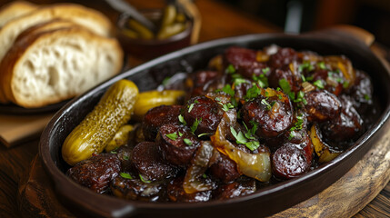 a traditional Polish dish of kaszanka (blood sausage) sizzling and caramelized with golden-brown onions, garnished with fresh herbs, and accompanied by a side of crusty bread and pickles