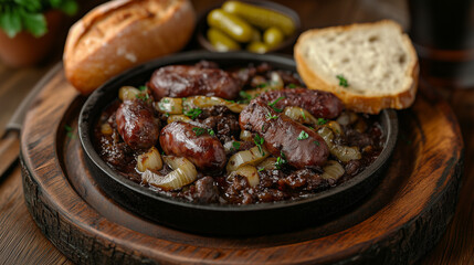 a traditional Polish dish of kaszanka (blood sausage) sizzling and caramelized with golden-brown onions, garnished with fresh herbs, and accompanied by a side of crusty bread and pickles