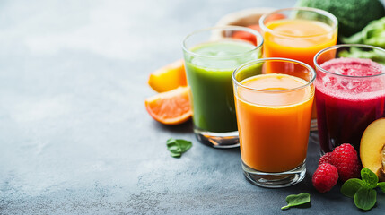 Obraz premium Healthy menu, fruit juices, various vegetable, breakfast, Asian cuisine. Generative AI Illustrations.