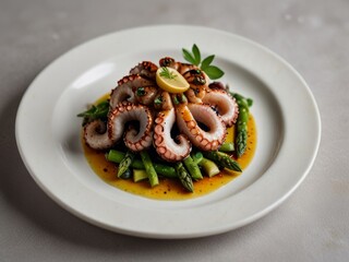 Delicacy - grilled octopus with asparagus, French fries and lemon. Beautiful, restaurant-style presentation of the dish on a white background. AI generated.