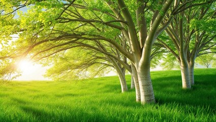 Obraz premium Sunny grove of birch trees in a vast grassy meadow