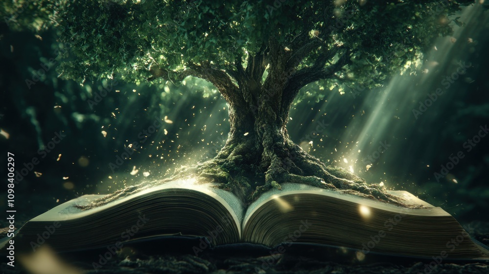 Aufkleber magical tree emerges from an open book in a forest.