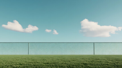 Fototapeta premium Chain-Link Fence Running Through a Vast Open Field – A Stark Contrast of Industrial Design and Natural Landscape
