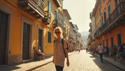 Fototapeta premium Fashionable woman walking through a vibrant street filled with people in a picturesque town