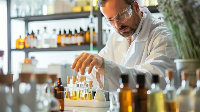 Lifelike photo of a skilled fragrance chemist mixing scents in a modern lab
