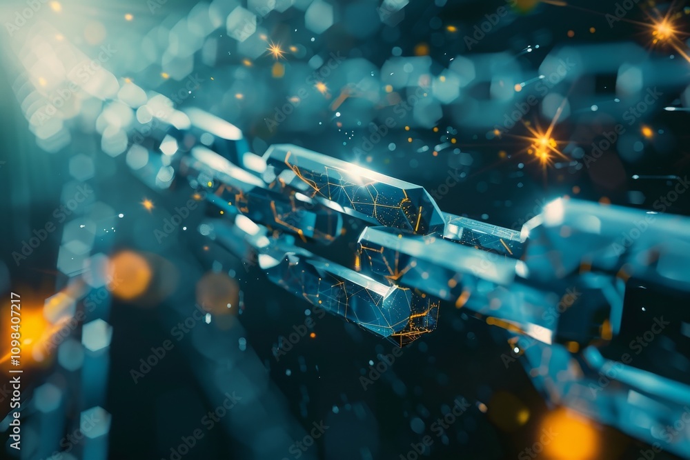 Poster chained blocks flowing through a silicon valley portraying blockchain technology, a chain composed o