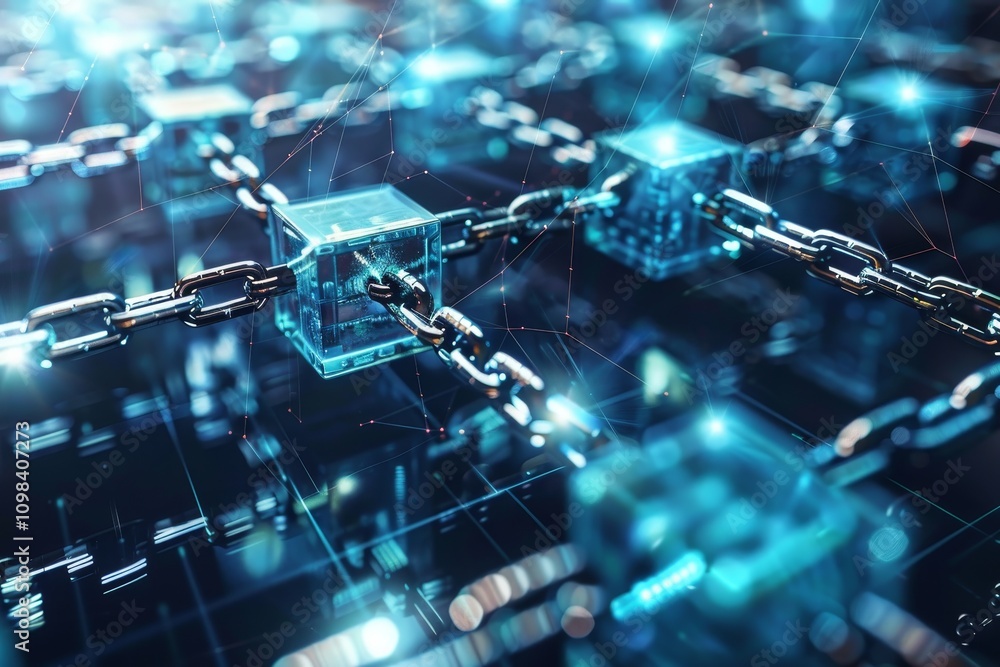 Poster chained blocks flowing through a silicon valley portraying blockchain technology, a chain composed o
