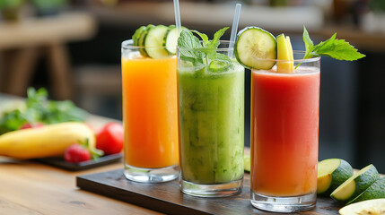 Fototapeta premium Healthy menu, fruit juices, various vegetable, breakfast, Asian cuisine. Generative AI Illustrations.