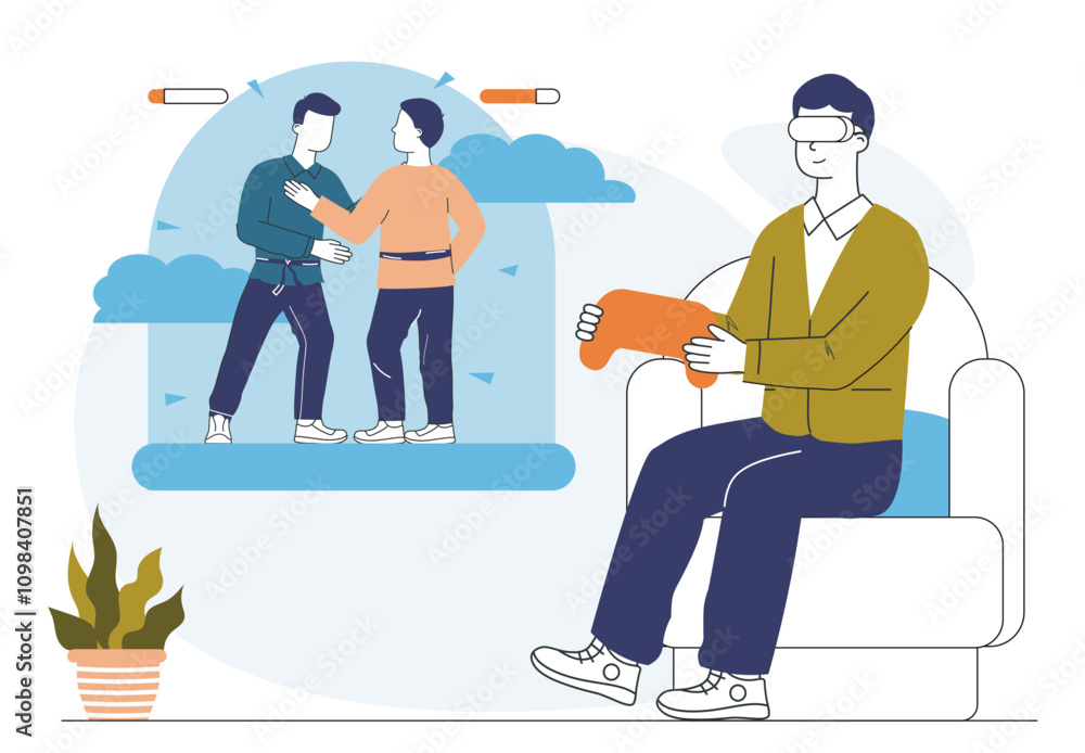 Poster man with vr game. young guy in virtual reality glasses with joystick. etertainment and fun. modern t
