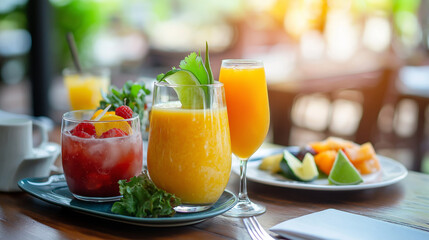 Fototapeta premium Healthy menu, fruit juices, various vegetable, breakfast, Asian cuisine. Generative AI Illustrations.