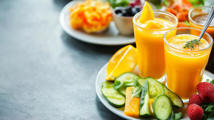 Fototapeta premium Healthy menu, fruit juices, various vegetable, breakfast, Asian cuisine. Generative AI Illustrations.