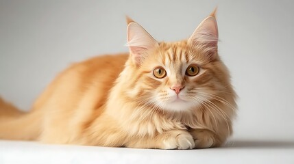 Adorable Ginger Cat with Striking Yellow Eyes Relaxing on a Light Surface, Captivating Expression and Soft Fur Illuminated by Natural Light