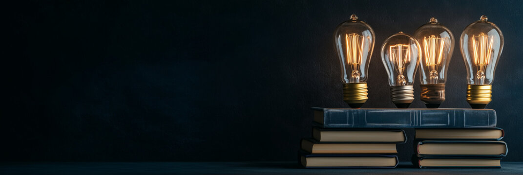 Glowing vintage light bulbs on books in dark ambient setting, continuing education concept