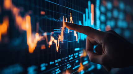 Digital interface showing economic trends and projections in illuminated graphs with lines and upward arrows.