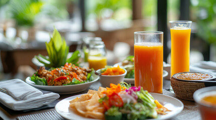 Healthy menu, fruit juices, various vegetable, breakfast, Asian cuisine. Generative AI Illustrations.