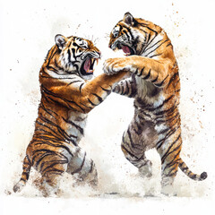 Obraz premium Two tigers engaged in a fierce battle, showcasing their strength and agility, This image is perfect for illustrating themes of wildlife, nature conservation, and animal behavior studies,