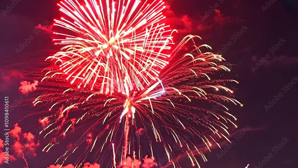 Canvas Prints fireworks display: a dazzling display of red fireworks explodes in the night sky, casting a vibrant 