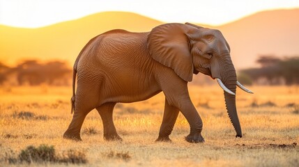 Fototapeta premium Elephant walking in a golden sunset landscape.