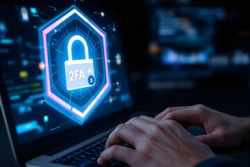 Privacy Protect Data and Cybersecurity Concepts. Laptop screen showing two-factor authentication (2FA), emphasizing data protection and enhanced security