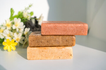 Herbal Soap Mockup Isolated in  White background with plants and leaf Cosmetic Wellness Concept