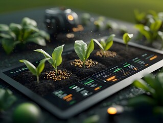 Precision farming with data driven insights and smart agricultural technologies  A thriving corn field dotted with emerging seedlings an array of sensors and digital information displays