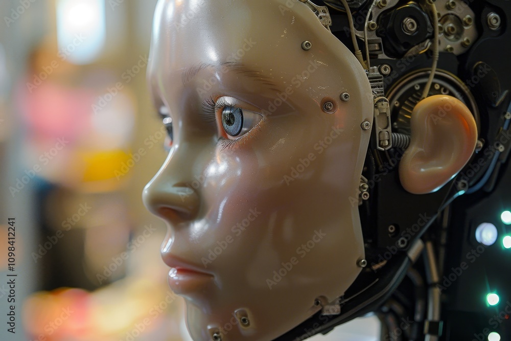 Poster a close-up of a robot head featuring a detailed face and expressive eyes, showcasing advanced techno