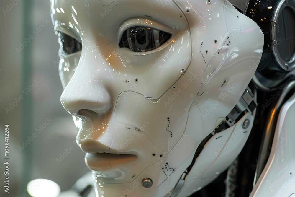Poster a close-up of a robot head featuring a detailed face and expressive eyes, showcasing advanced techno