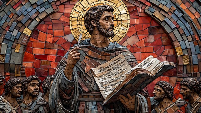 Intricate mosaic of Saint Augustine in a teaching pose, holding a scroll with delicate script, quill in hand, surrounded by students in awe, the background filled with vibrant red and gold tiles,