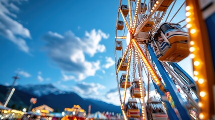 An illuminated Ferris wheel spins at an amusement park under a cloudy night sky, surrounded by other attractions and offering a mesmerizing view against the mountains.