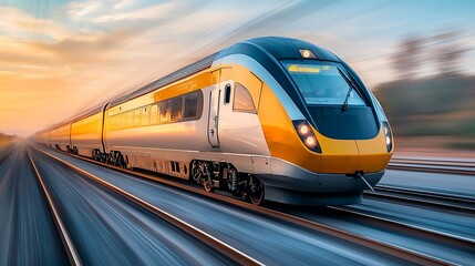 Fototapeta premium The sleek, aerodynamic train swiftly glides along the steel tracks, its powerful engines propelling it forward with a deafening roar, leaving a trail of blurred surroundings in its wake.