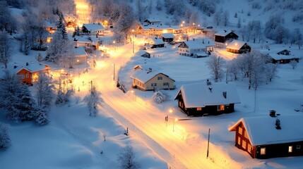 A stunning aerial photograph showcasing a tranquil village blanketed in snow during a winter night, illuminated by warm street lamps and distant mountain silhouettes.