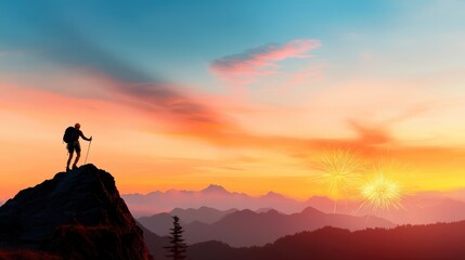 A lone hiker holding a trekking pole pauses on a cliff at sunset, with fireworks illuminating the sky, representing solitude and adventure.