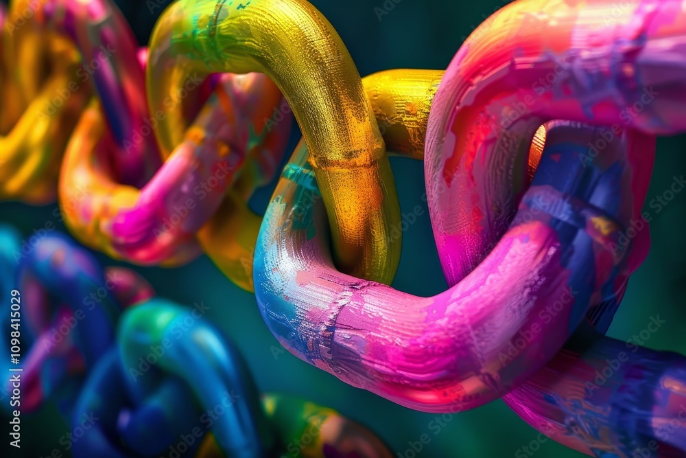 Poster close-up of vibrant, colorful chain links interlinked, showcasing a variety of hues and textures in 